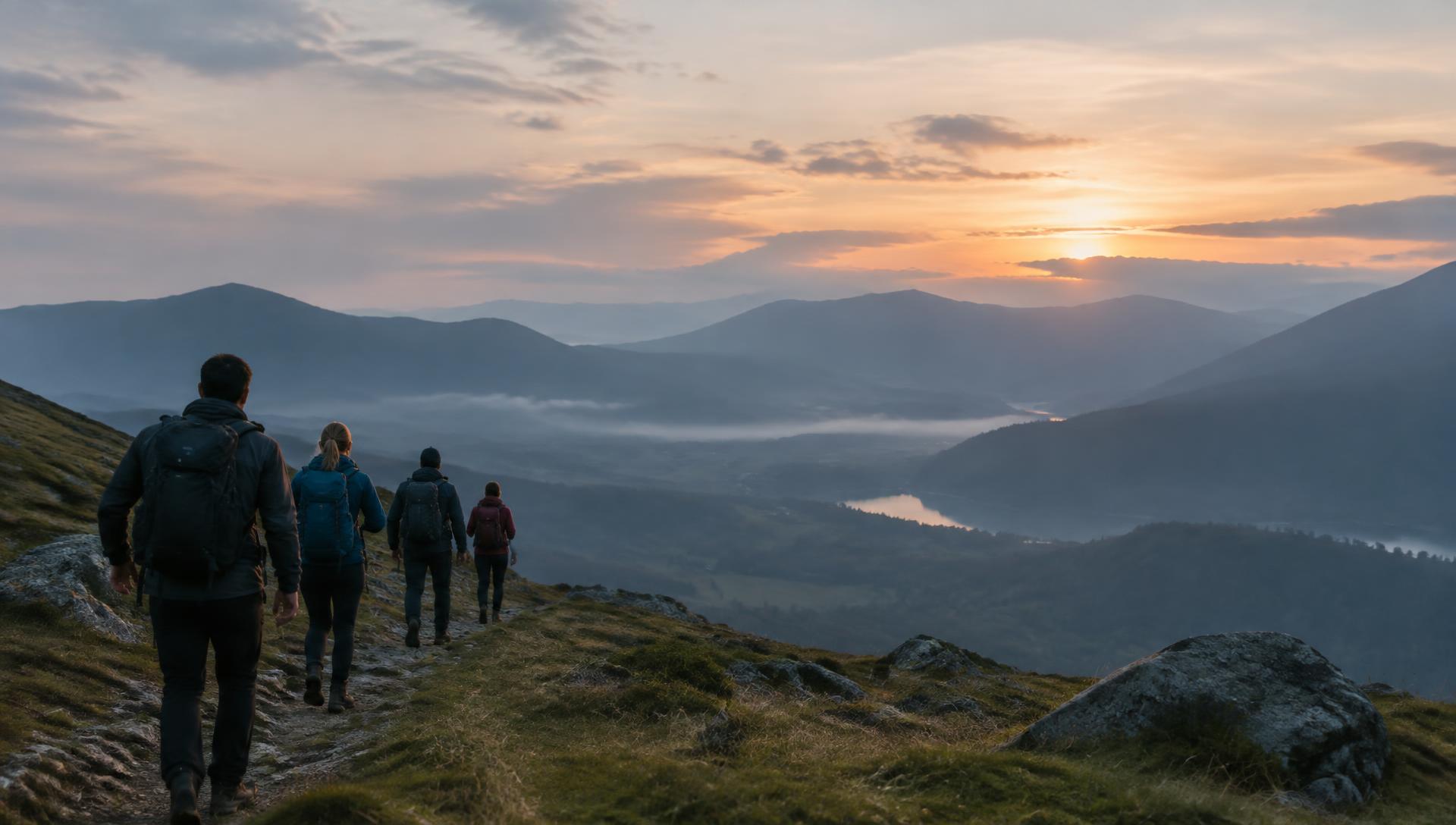 A small group of hikers walking toward a misty mountain valley at dusk
