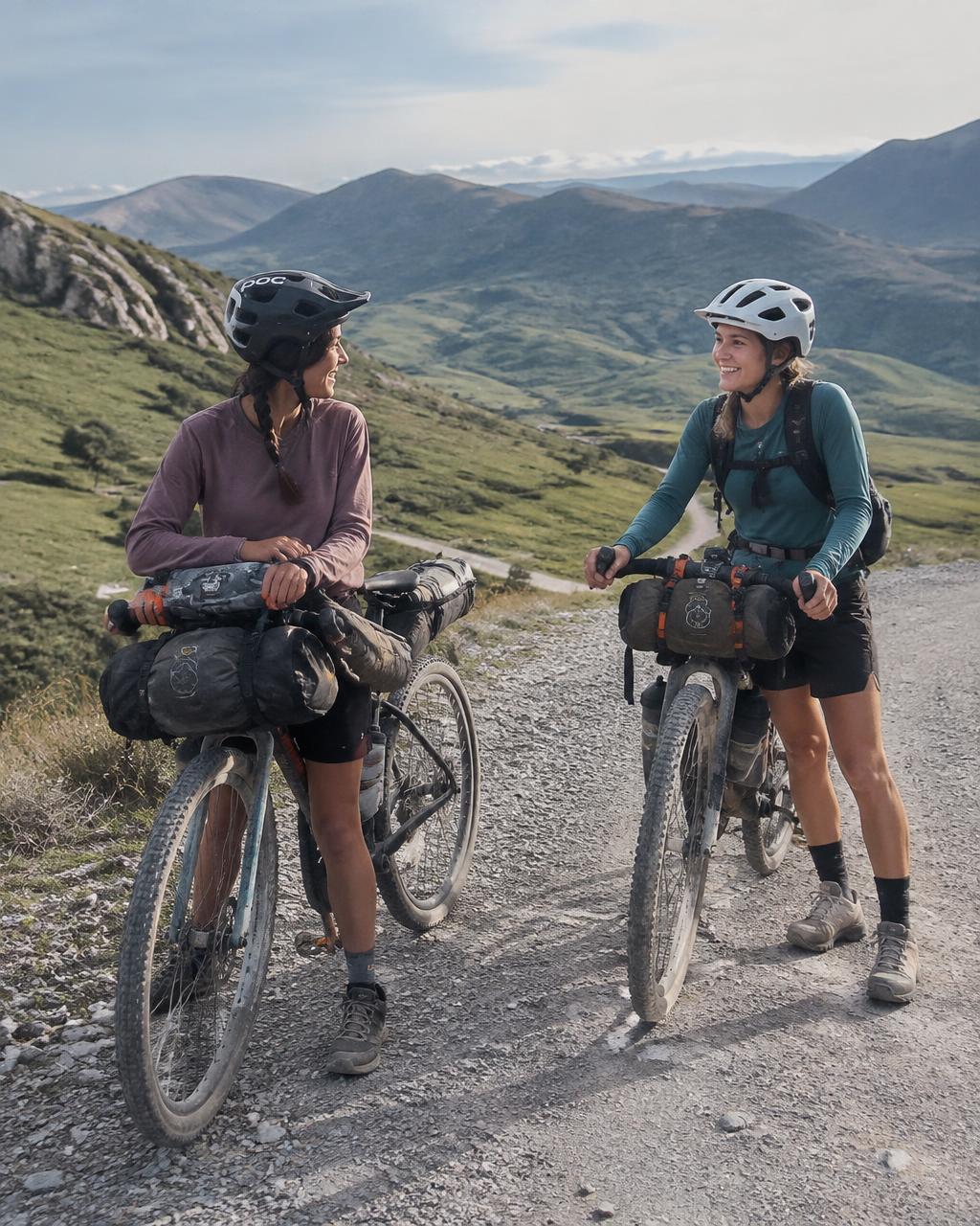 Two friends with loaded bikes chatting on a gravel road in the hills